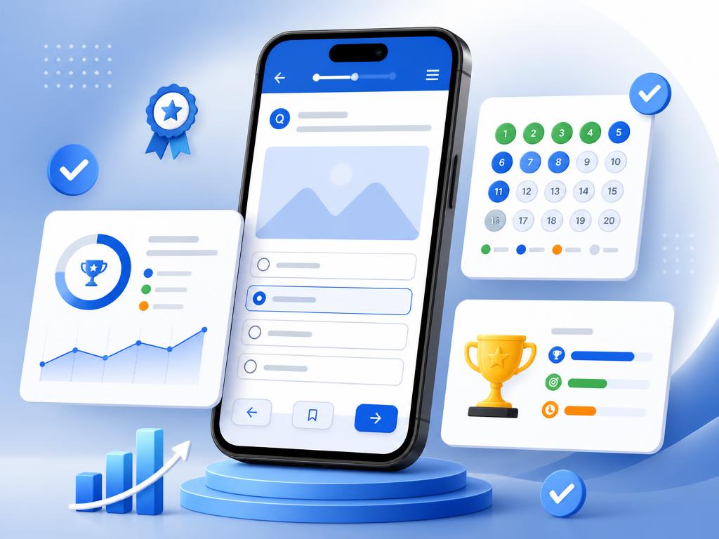 Mock test screen with score analysis charts